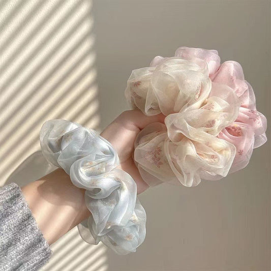 Fashion Flower Print Double Layer Silk Organza Hair Scrunchies