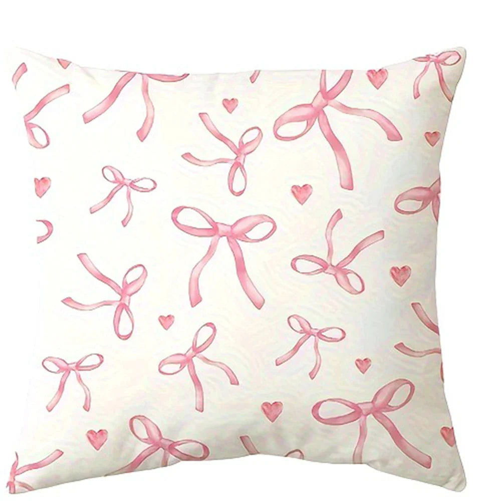 Pink Bow & Cherry Printed Pillowcase – Soft & Cute Cushion Cover