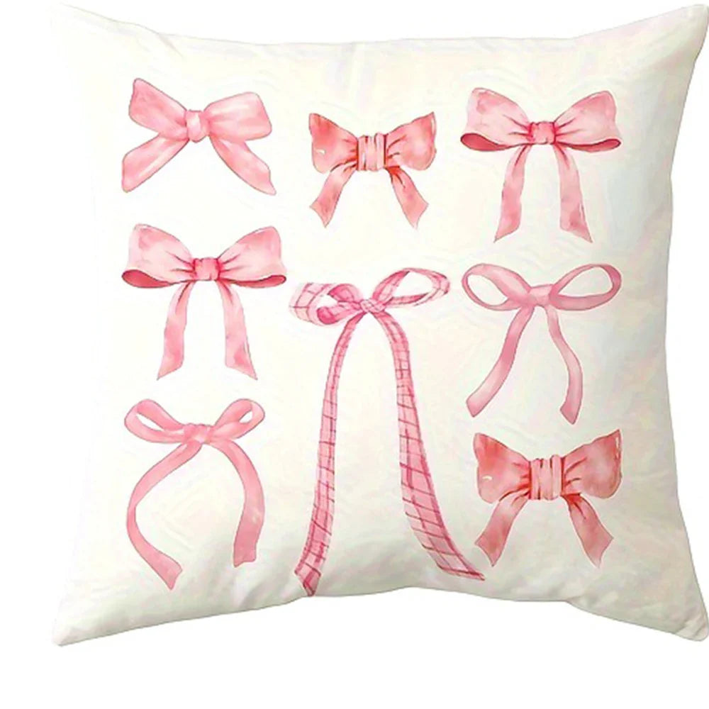 Pink Bow & Cherry Printed Pillowcase – Soft & Cute Cushion Cover