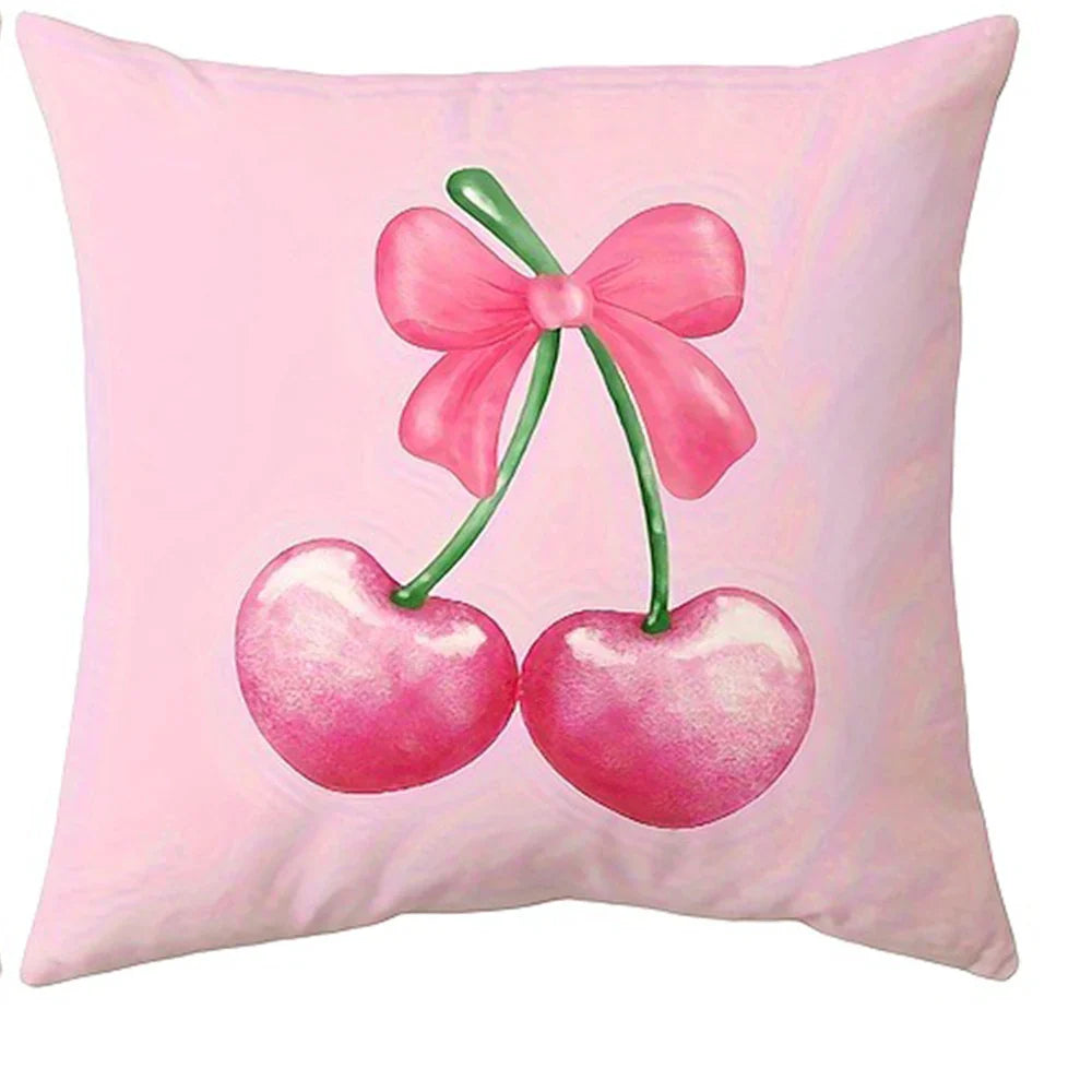 Pink Bow & Cherry Printed Pillowcase – Soft & Cute Cushion Cover
