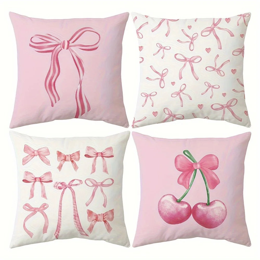 Pink Bow & Cherry Printed Pillowcase – Soft & Cute Cushion Cover