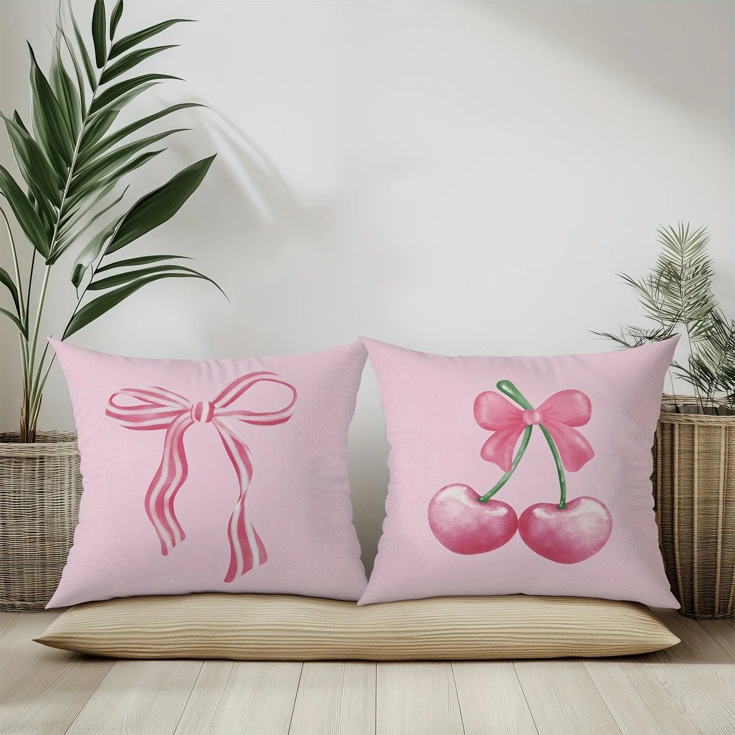 Pink Bow & Cherry Printed Pillowcase – Soft & Cute Cushion Cover